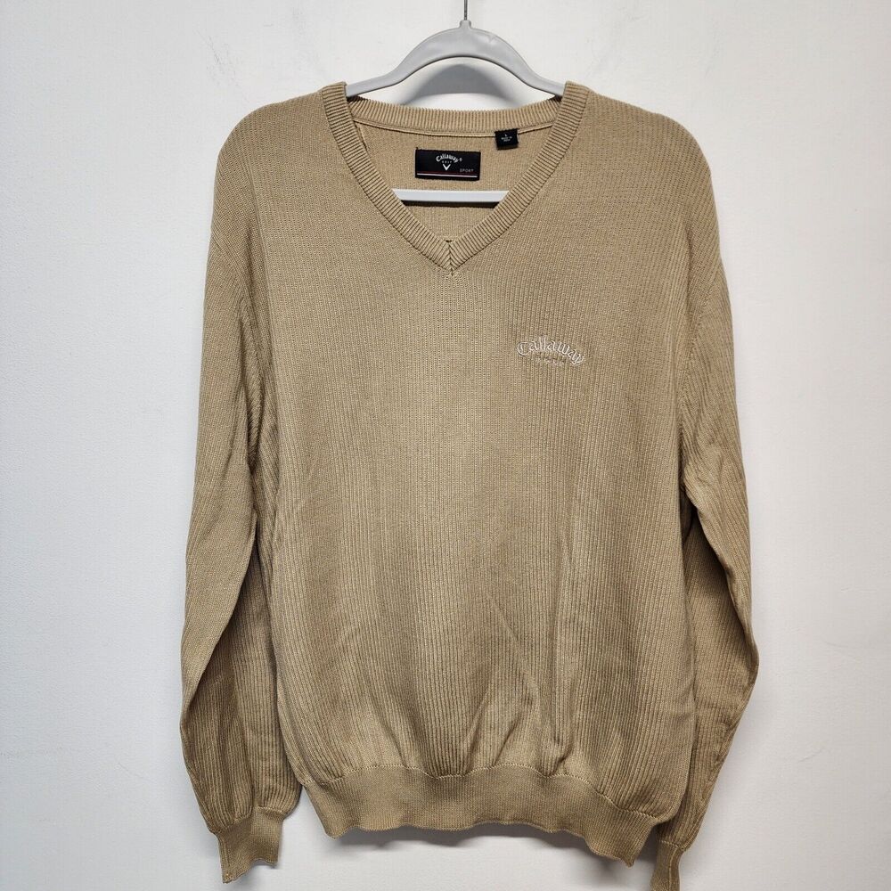 Callaway Sport Jumper Sweater Mens XL Brown V-Neck Golf Cotton Embroidered Logo